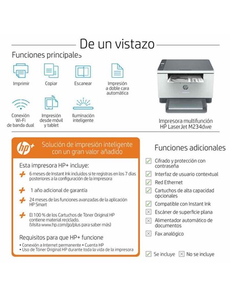 IMPRESORA HP LASERJET MULTIFUNCION MFP M234DWE MONOCROMO WIFI WHITE