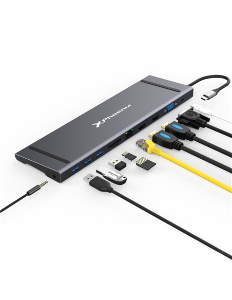 DOCK HUB USB-C PHOENIX 11 EN 1 HDMI 4K/VGA/USB/MICROSD/RJ45/JACK BLACK