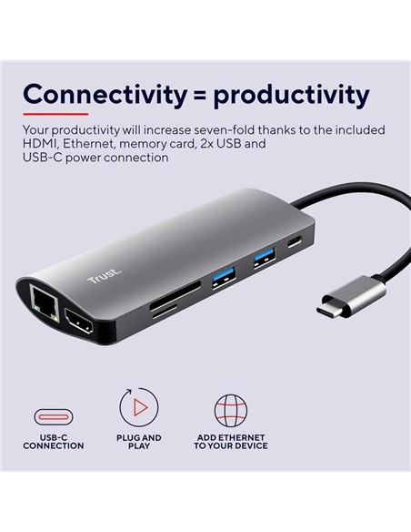 HUB TRUST DALYX USB-C 7 EN 1 HDMI USB-C USB MICRO SD RJ45 SILVER